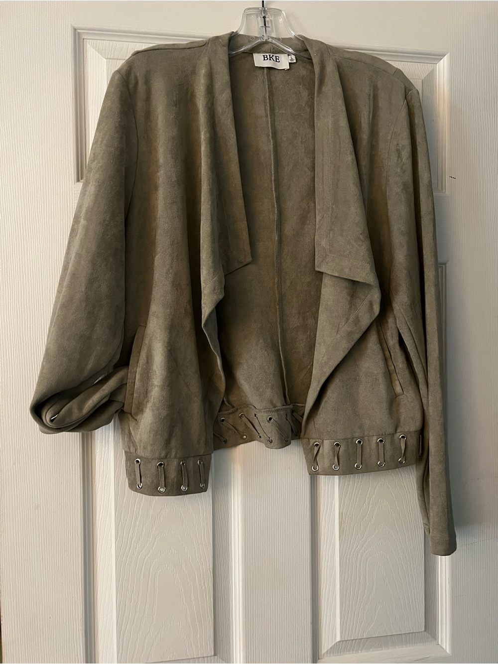 BKE Olive Green Suede Draped Open-Front Jacket